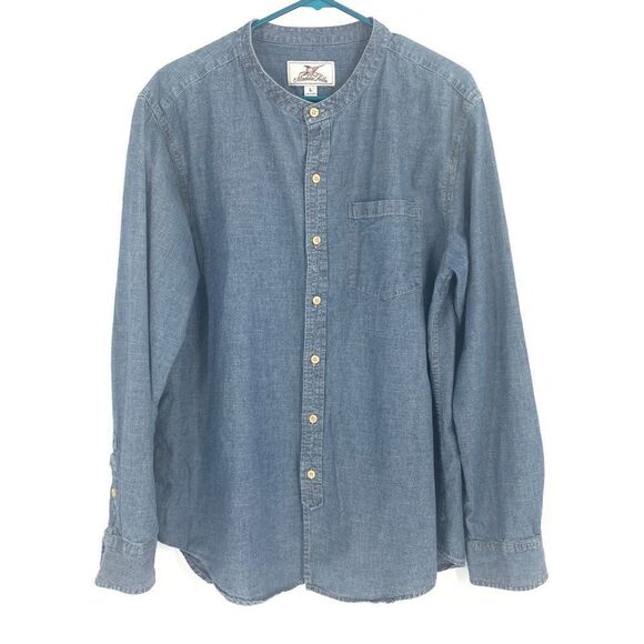Madda Fella Blue Chambray Collarless Button Front L/S Shirt Size Large - Picture 1 of 16
